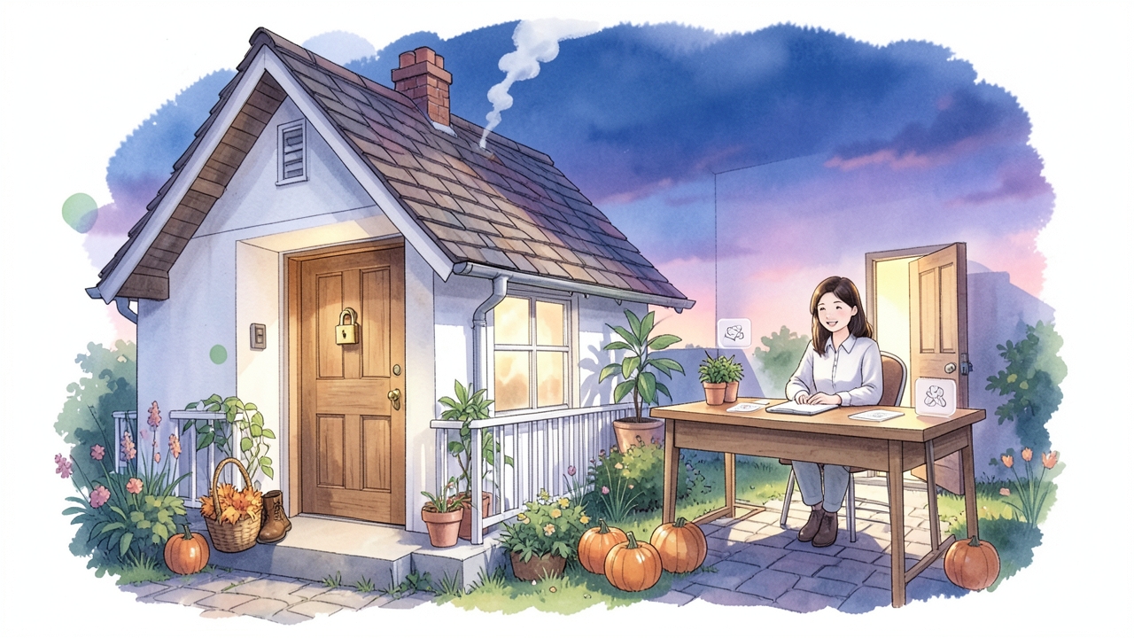家の正面玄関には南京錠がかかっているが、横の裏口は開いて灯りが漏れている様子の図解