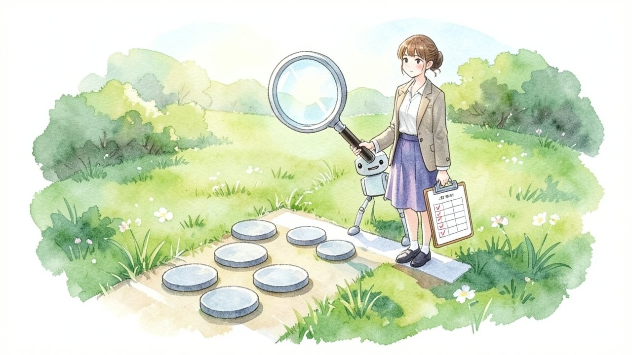 AIに引用されるかを測るために、虫眼鏡とチェック表を持って最初の一歩を確かめている様子のイメージ