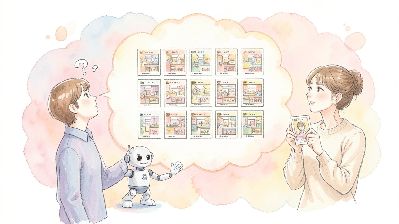 お客様の質問にAIが複数の選択肢を並べて答え、自分のカードがその中に入っているかを見つめている様子のイメージ