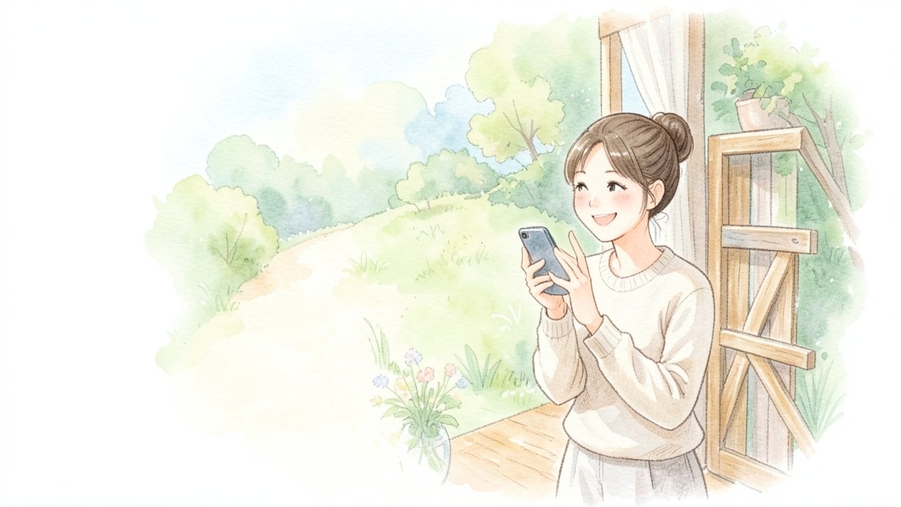 開いた木の門のそばでスマートフォンを手に、つながりを誘うようにほほえむ女性のイメージ