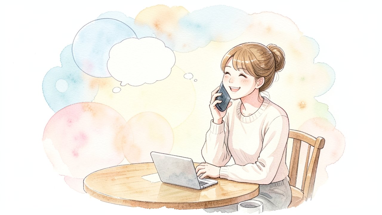 カフェの席でスマートフォンを耳に当て、同僚と話すように笑顔で相談している女性のイメージ