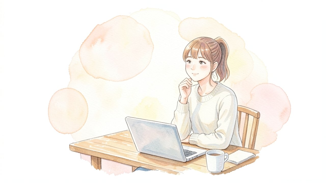 自宅の机でノートパソコンのホームページを読み、安心したようにほほえむ女性のイメージ
