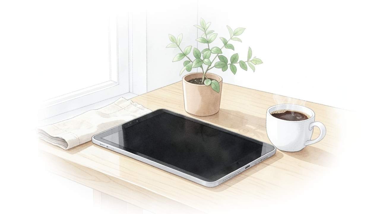 窓辺の明るい木のテーブルに置かれたタブレットとコーヒーと観葉植物のイメージ
