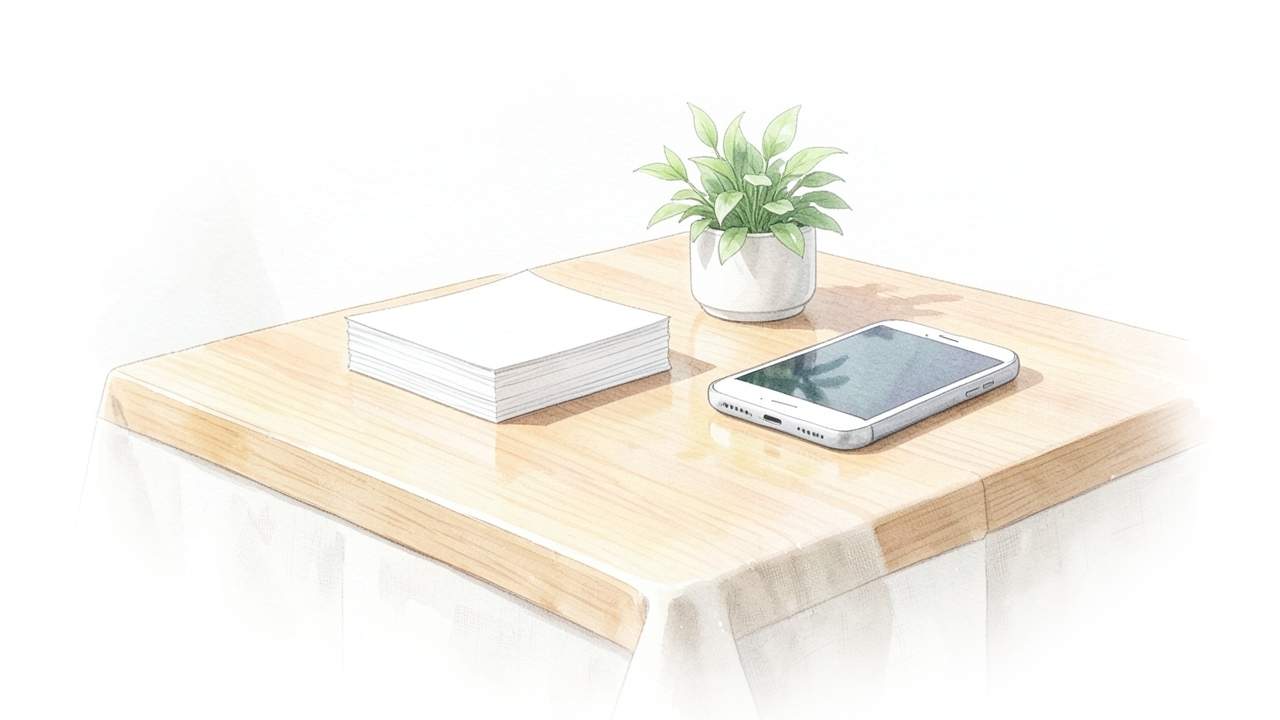 明るい木のテーブルに置かれた白いカードとスマートフォンと観葉植物のイメージ