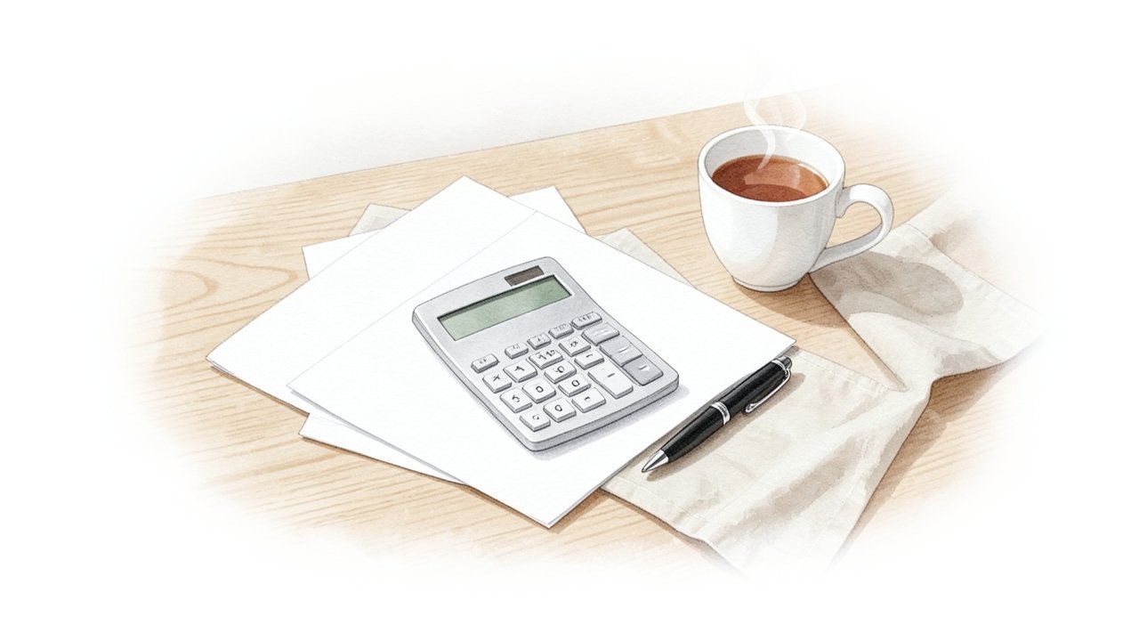 明るい木のテーブルに重ねた白い資料と電卓とペンと紅茶のイメージ