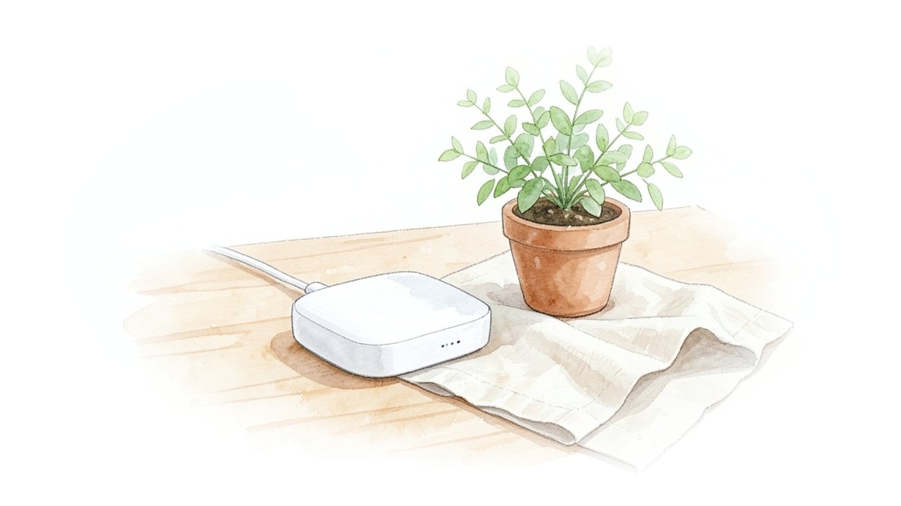 木の机に置かれた白いWi-Fiルーターと観葉植物のイメージ