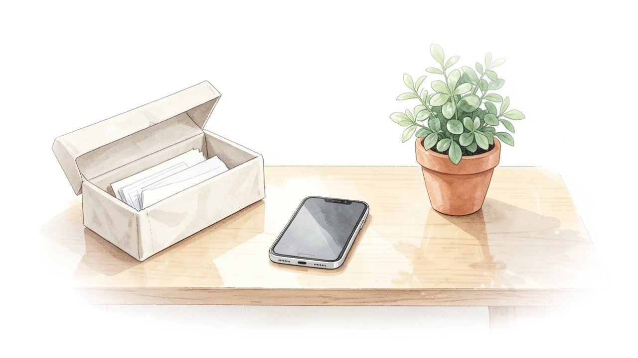 木の机に残したスマートフォンと鉢植え、箱にしまった書類のイメージ