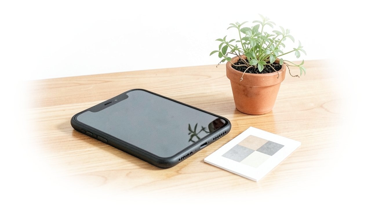 木のカウンターに置かれたスマートフォンとカードと鉢植えのイメージ