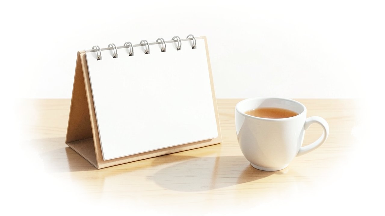 明るい机に置かれた卓上カレンダーと紅茶のイメージ