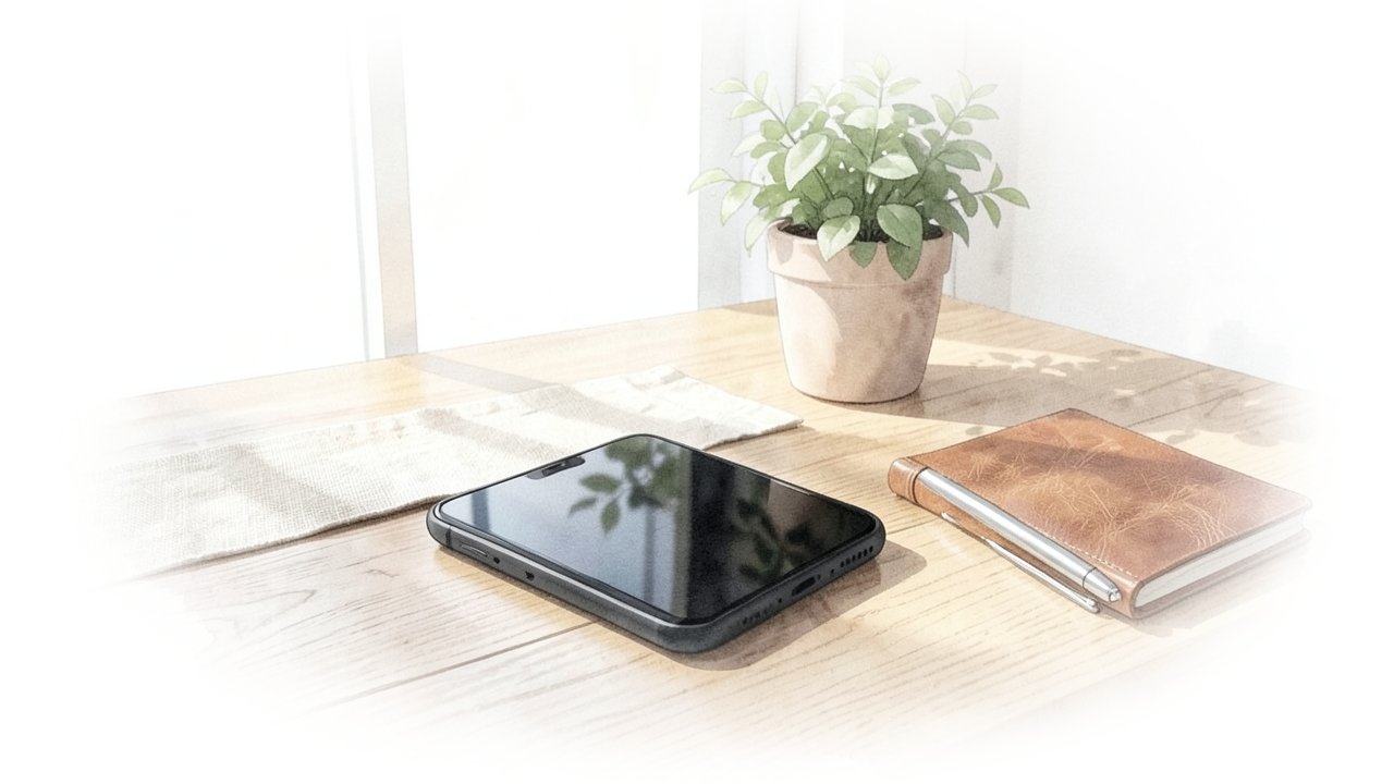 木の机に置かれたスマートフォンとノートとペンのイメージ