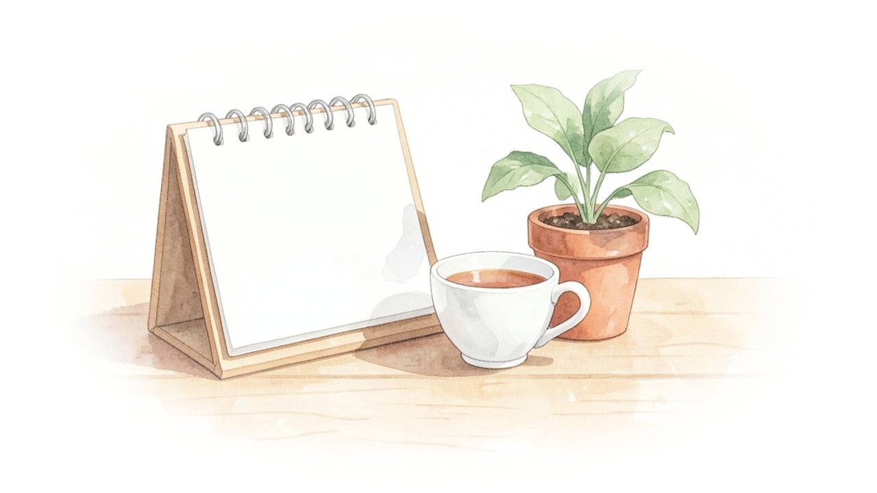 卓上カレンダーと紅茶と小さな鉢植えのイメージ