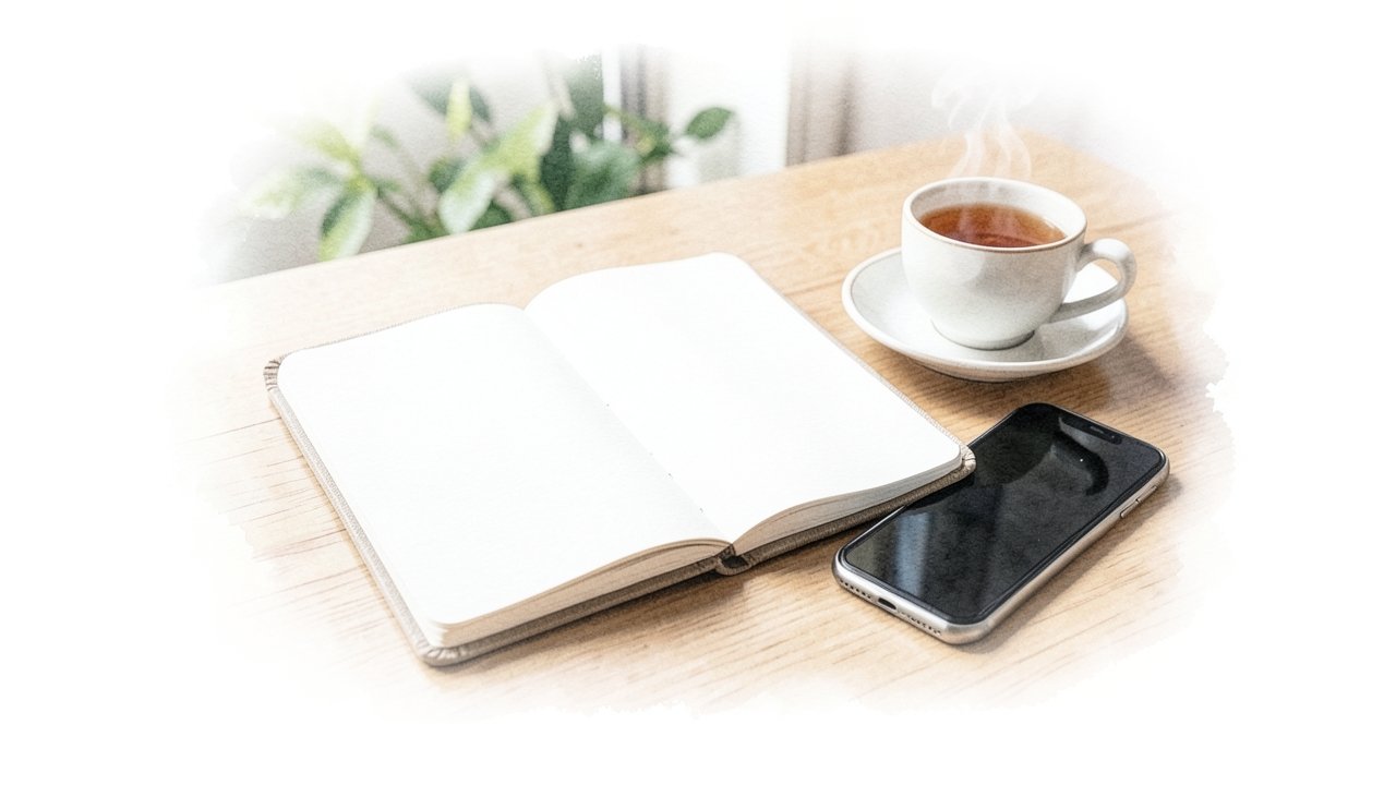 木のテーブルに開いたノートとスマートフォン、紅茶のイメージ