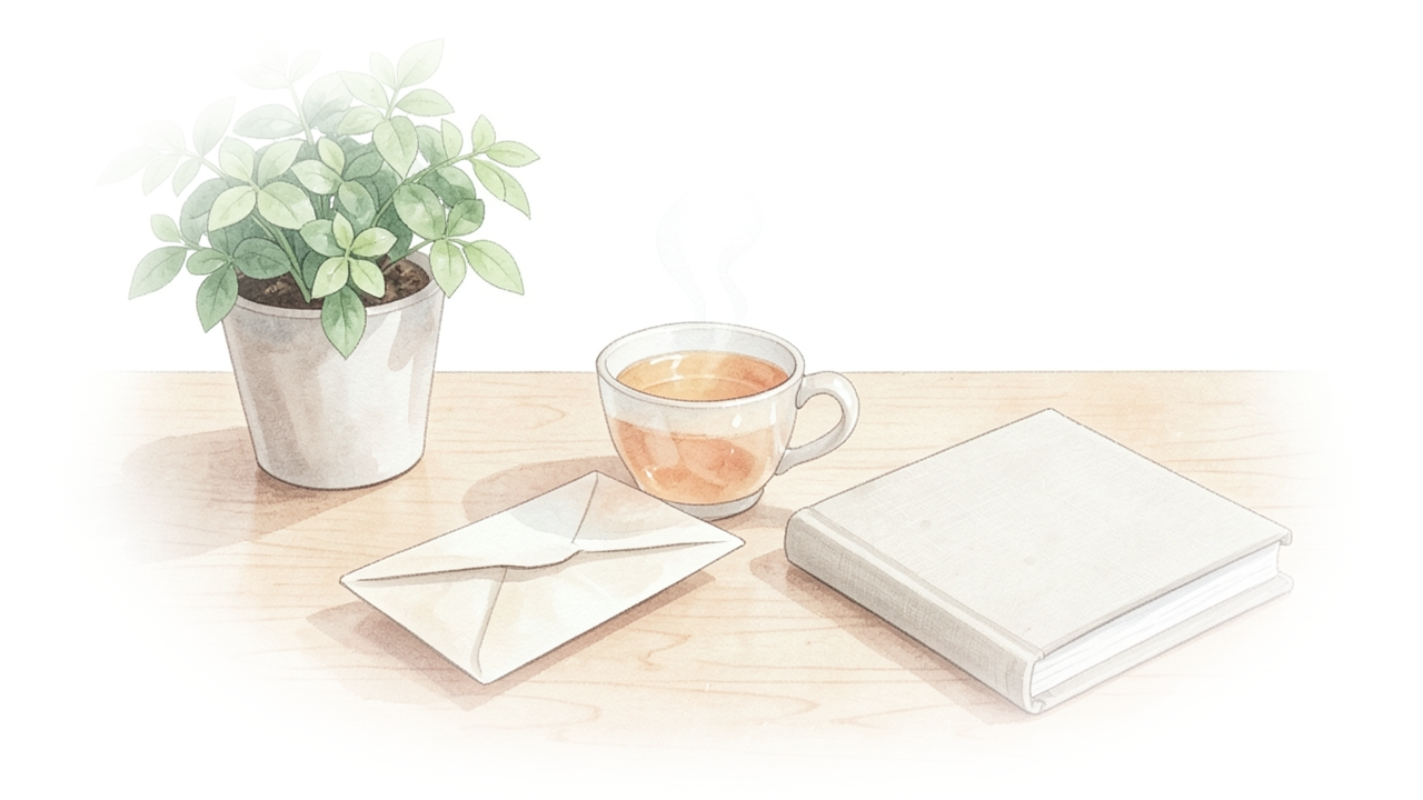 机の上の封筒と紅茶、閉じたノートのイメージ