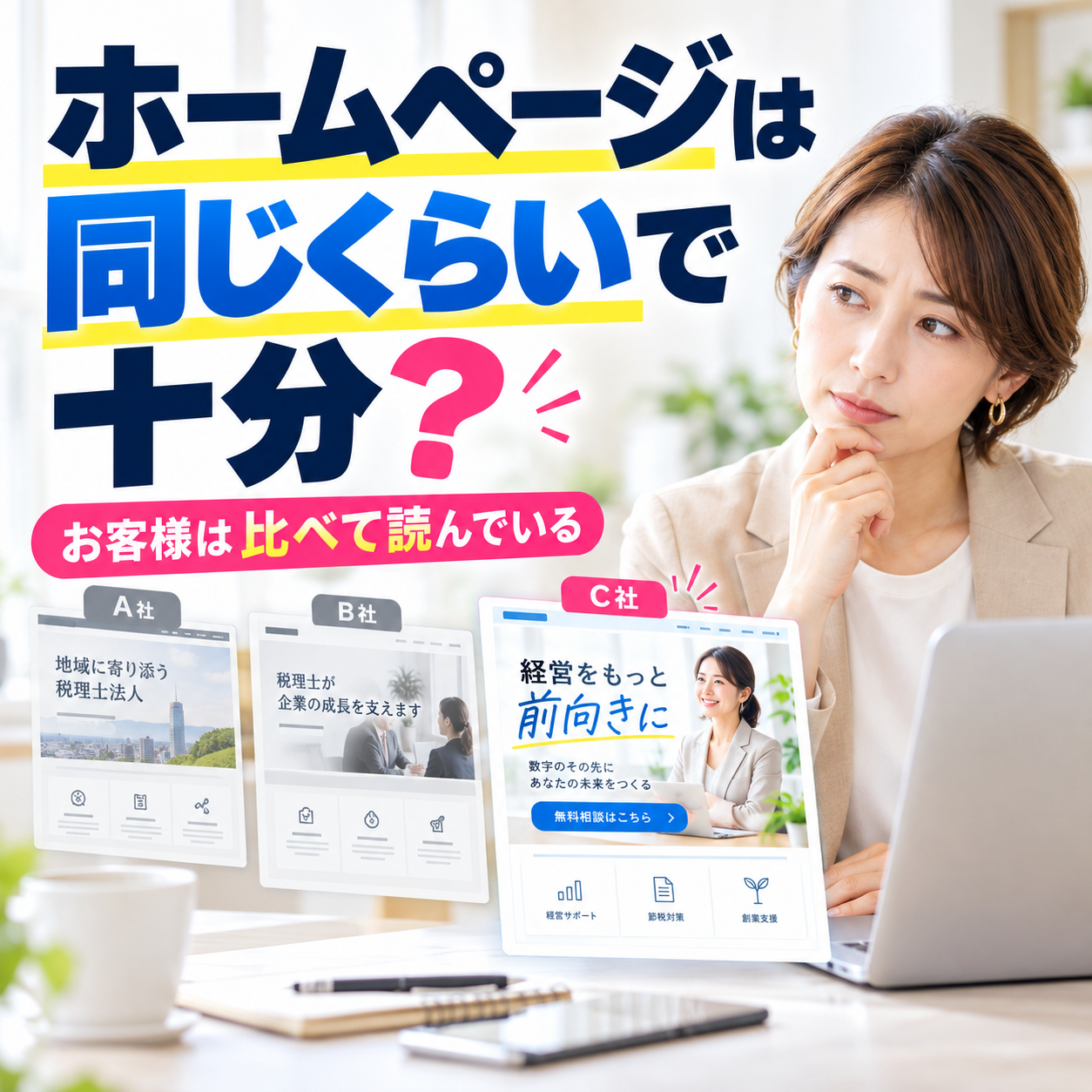 ホームページ比較に悩む女性